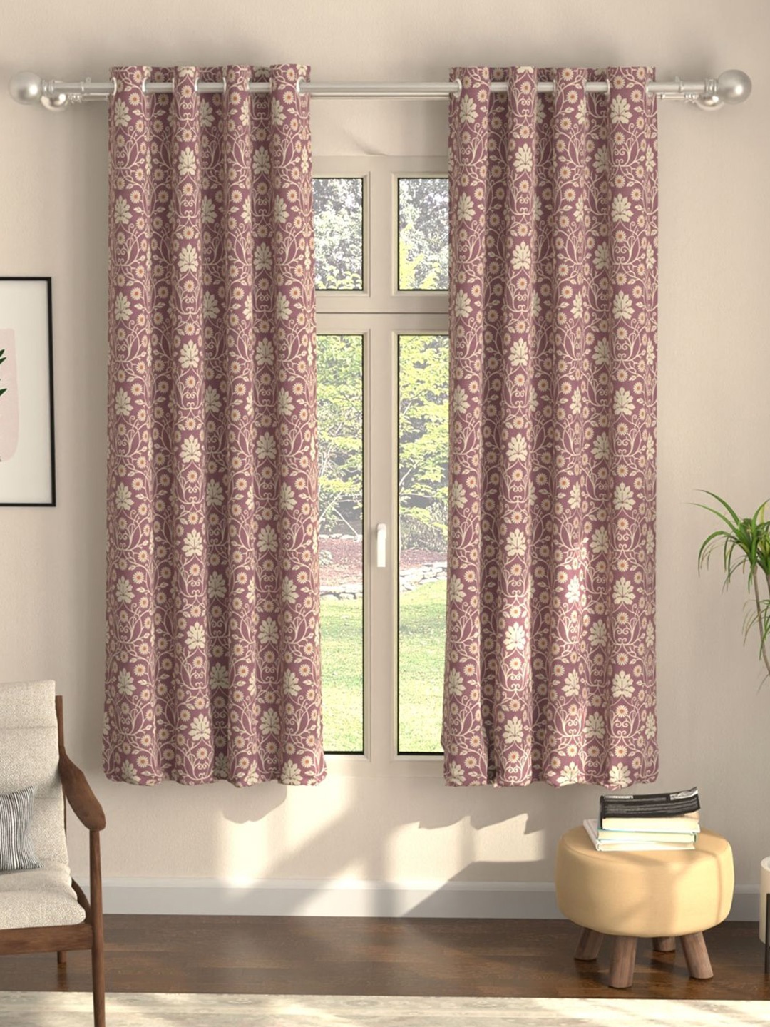 

URBAN SPACE Mystic Violet & White 2 Pieces Floral Printed Black Out Window Curtains