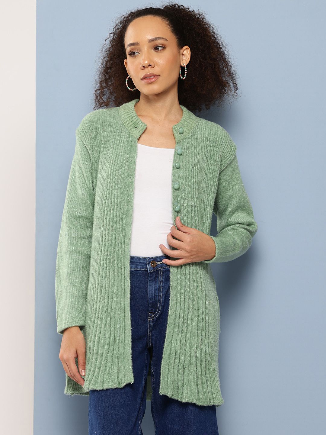 

BAESD Women Ribbed Woollen Longline Cardigan, Green