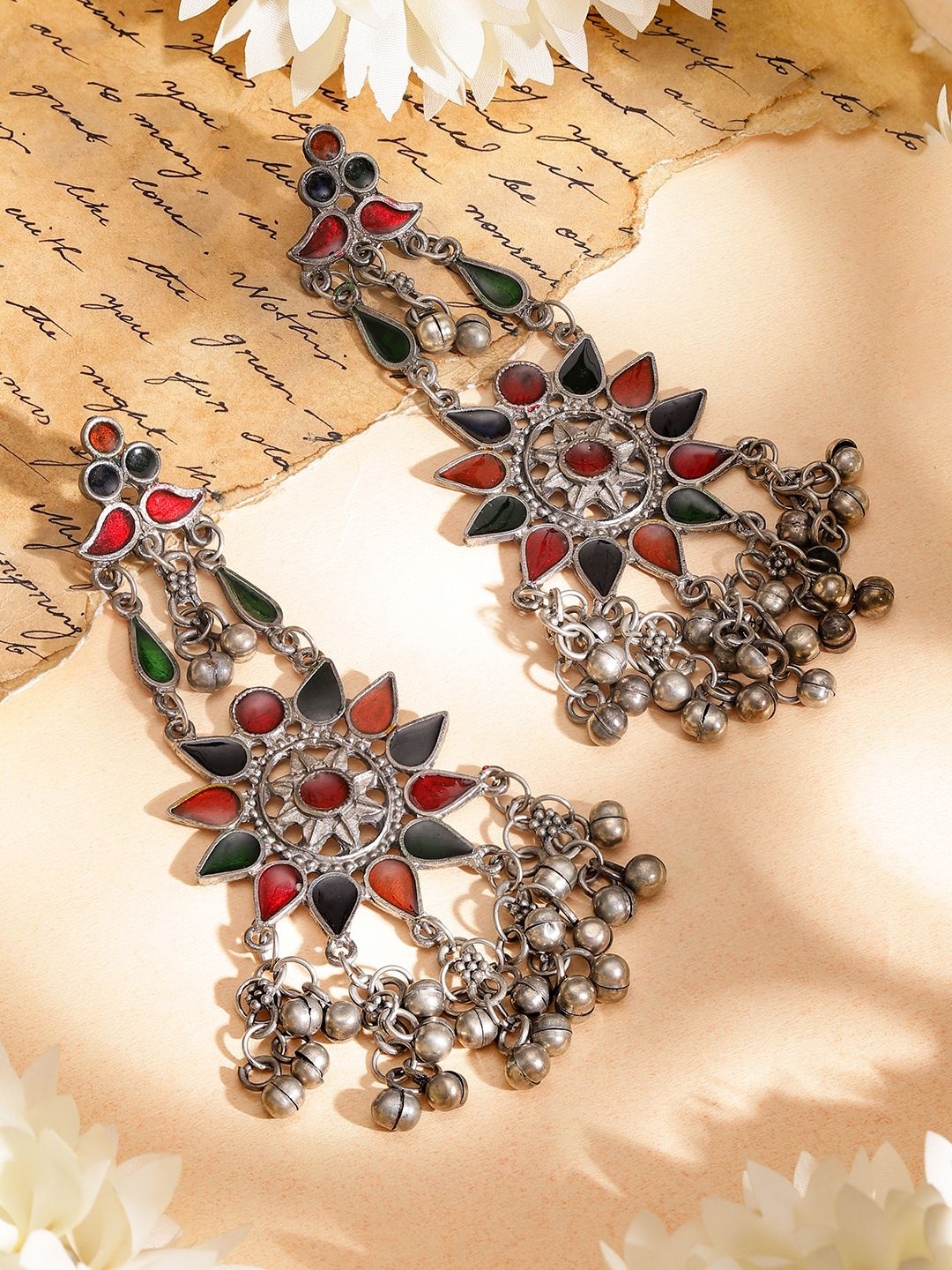 

Rubans Oxidised Silver-Plated Multicolor Enamel & Ghungroo Statement Earrings