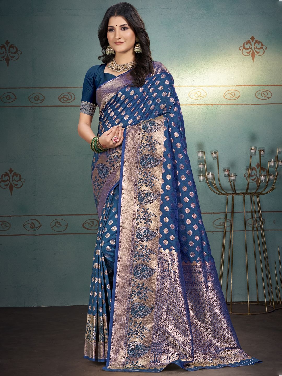 

SANGAM PRINTS Floral Zari Silk Blend Tussar Saree, Blue