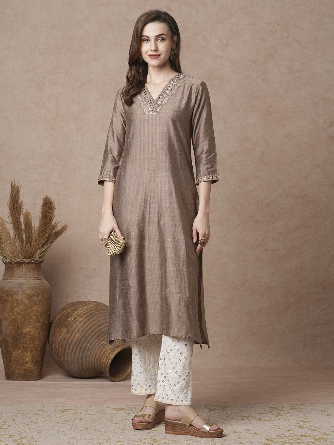 

FASHOR Ethnic Motifs Embroidered V-Neck Mirror Work A-Line Kurta, Beige