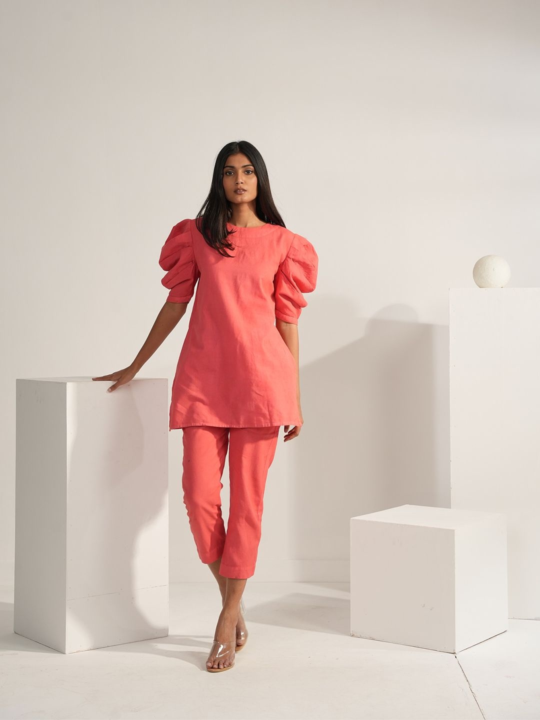 

Aamili Puff Sleeves Pure Cotton Tunic With Trouser, Pink