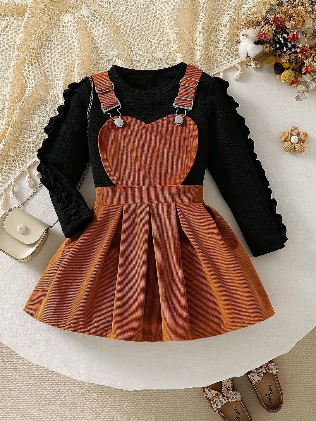 

YK Girls Striped Round Neck Top With Skirt, Black