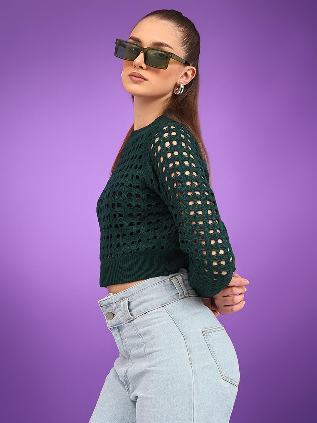

Kotty Women Cotton Self Design Open Knit Crop Pullover Sweaters, Teal