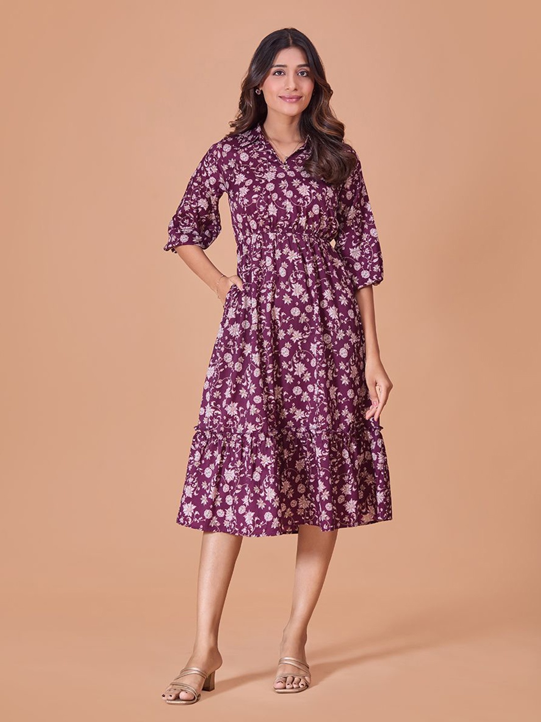 

Fashfun Floral Print Cotton Fit & Flare Dress, Maroon