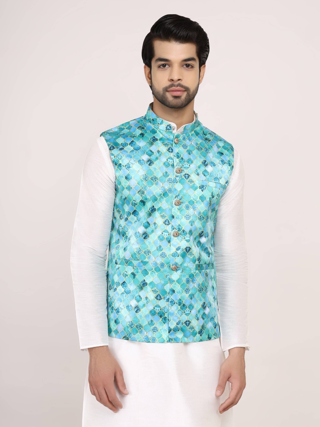 

Sadree Men Printed Nehru Jacket, Turquoise blue