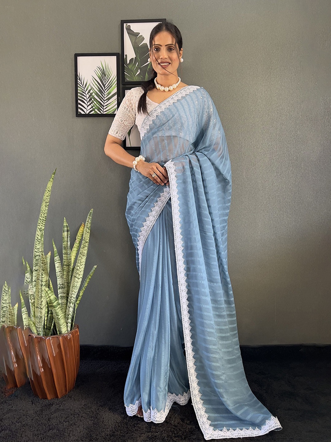 

Aika Striped Embroidered Pure Chiffon Ready to Wear Saree, Turquoise blue