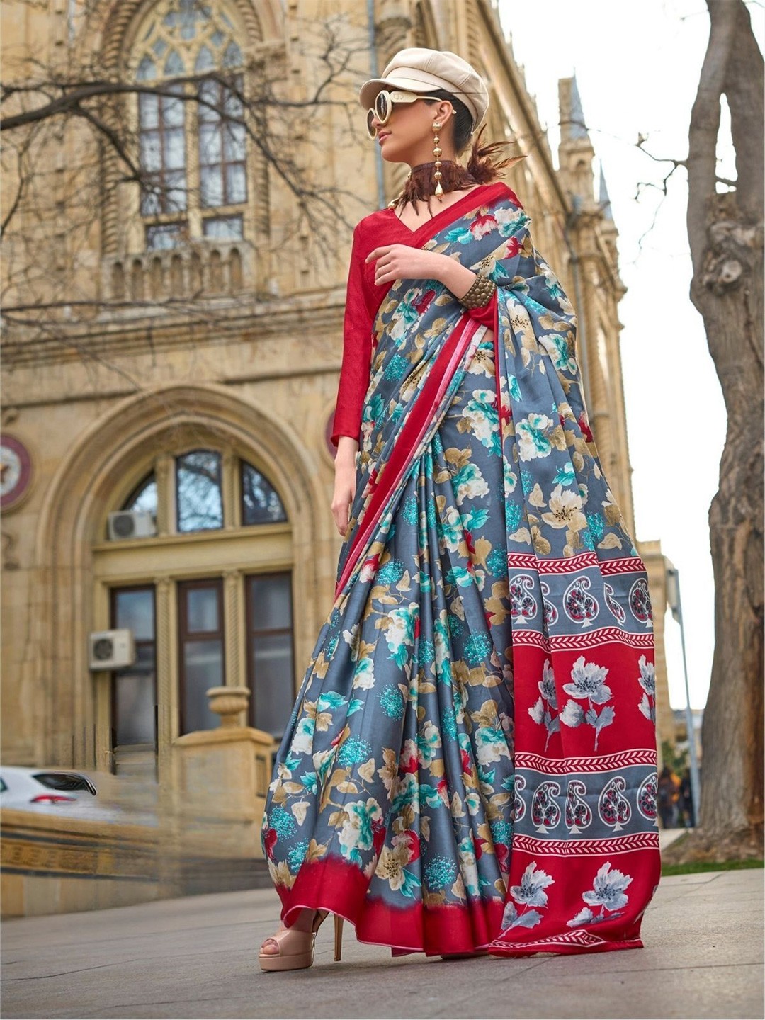 

ODETTE Floral Satin Saree, Grey