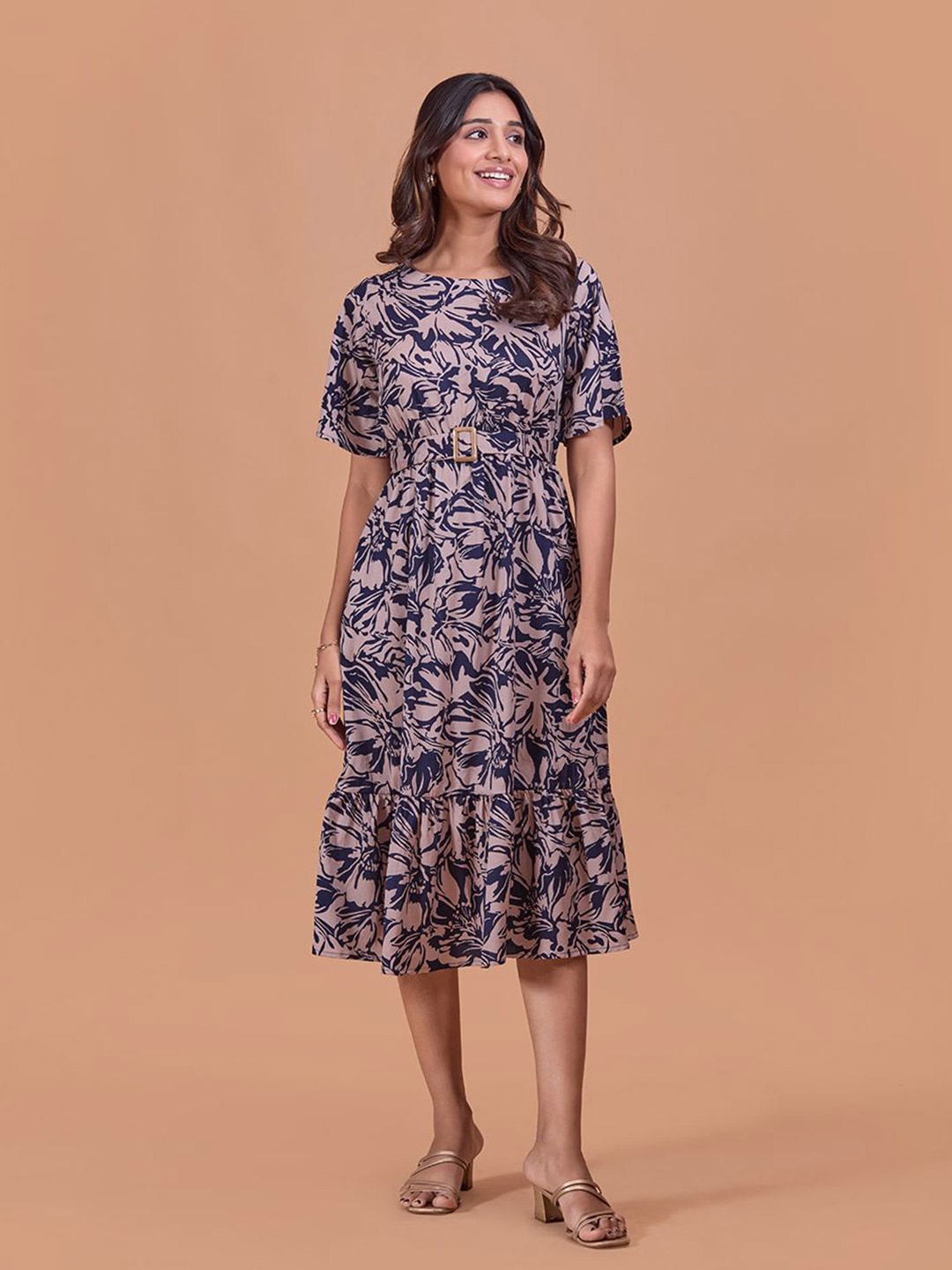 

Fashfun Women Printed Cotton Fit & Flare Midi Dress, Navy blue