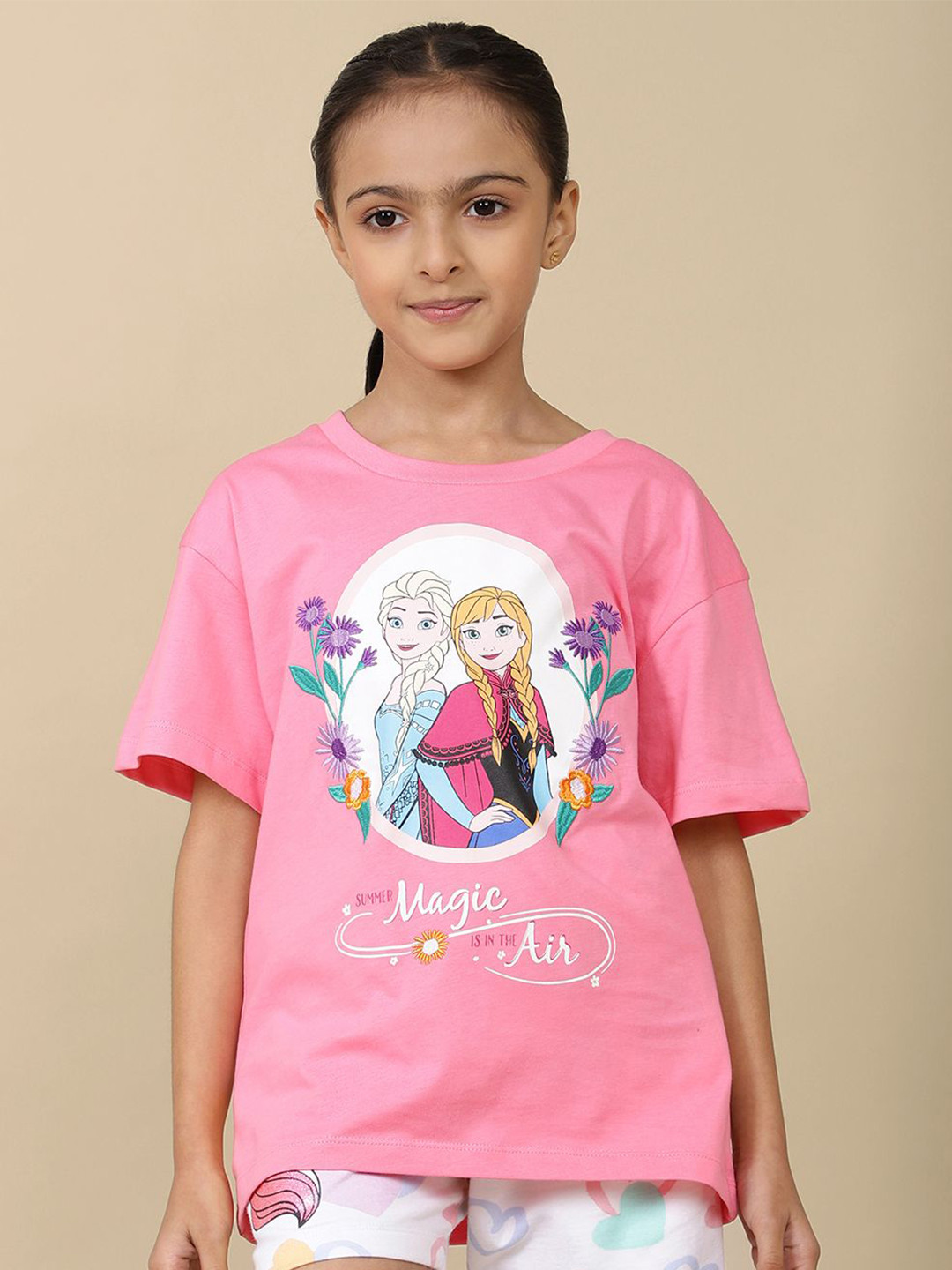 

Kids Ville Frozen Printed oversized Fit T-shirt For Girls, Pink