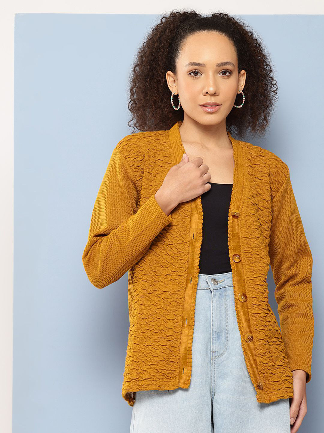 

BAESD Women Self Design Woollen Cardigan, Mustard