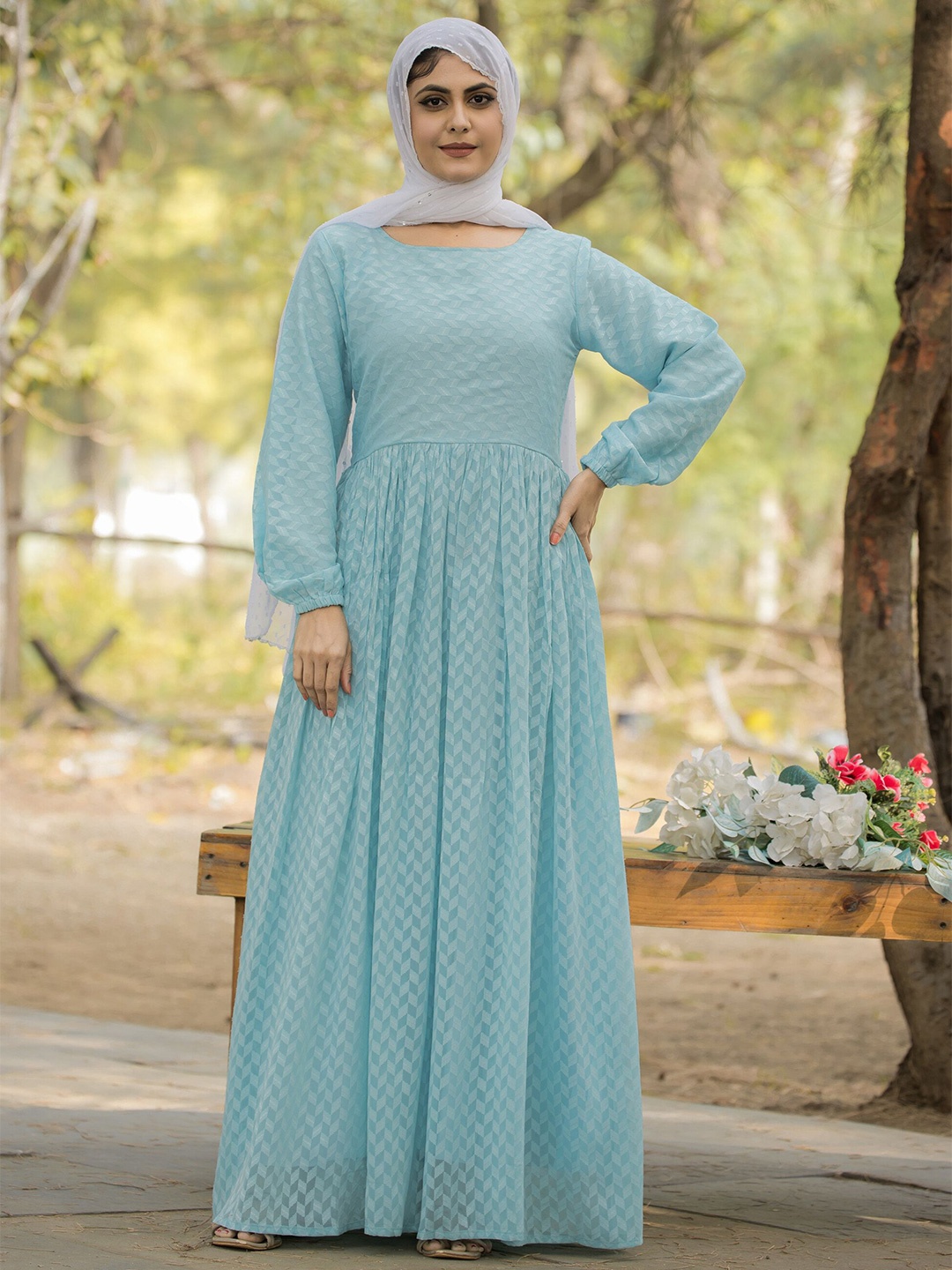 

SARINKU Women Puff Sleeve Georgette Fit & Flare Maxi Dress, Blue