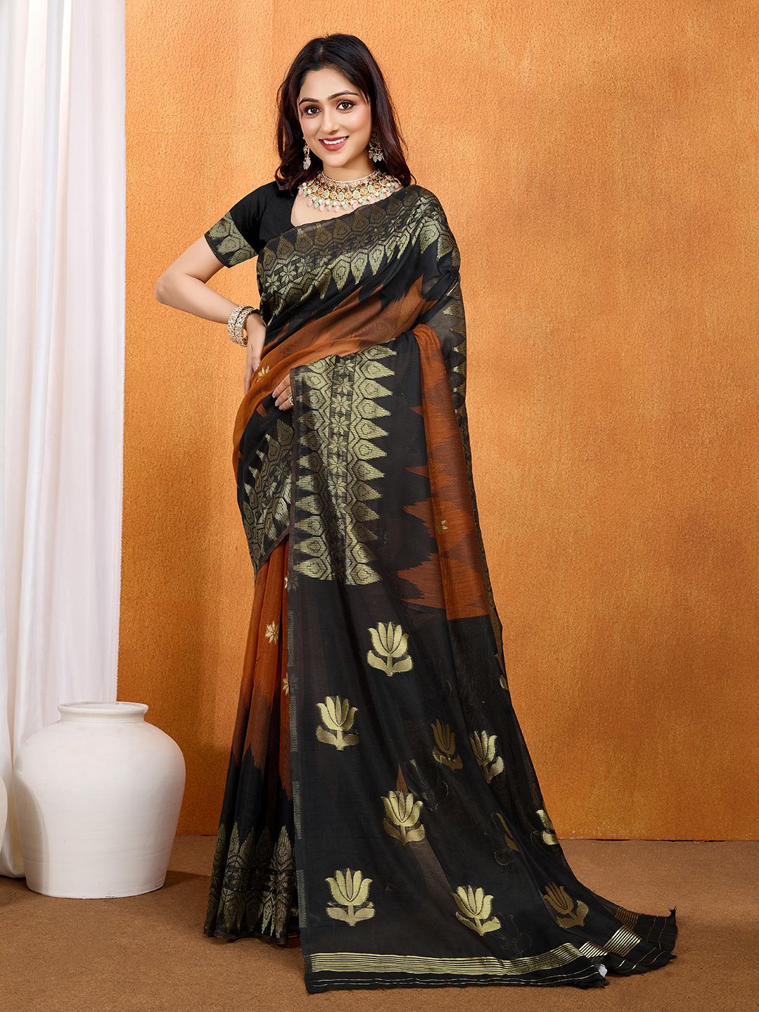 

bansari textiles Woven Design Zari Banarasi Saree, Orange