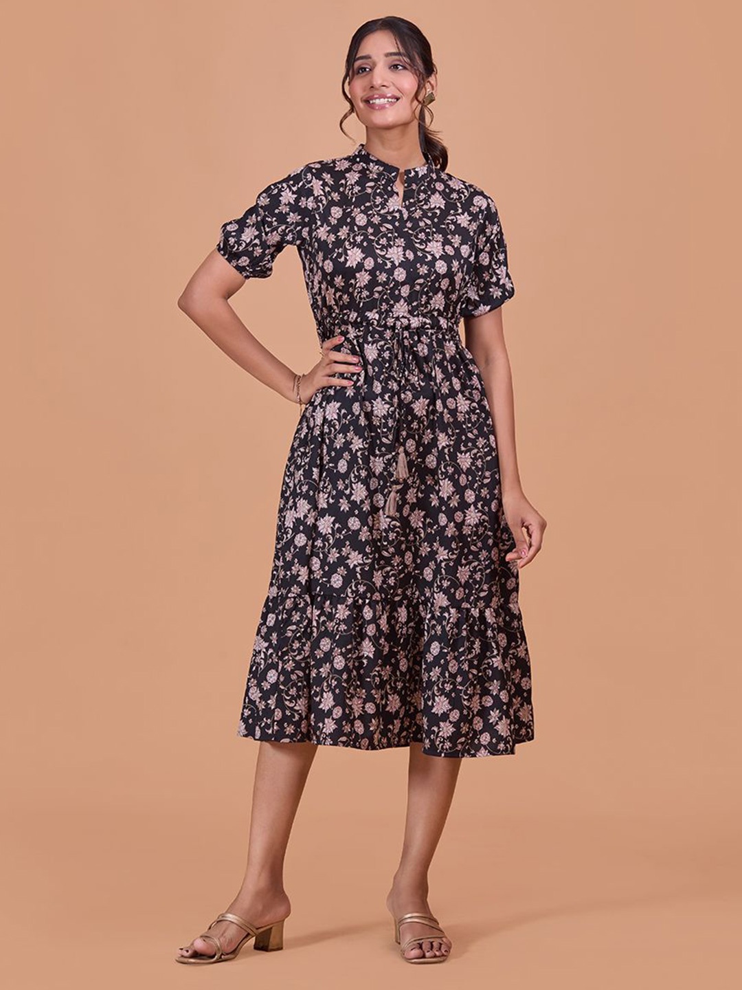 

Fashfun Women Floral Printed Puff Sleeves Cotton Fit & Flare Midi Dress, Black