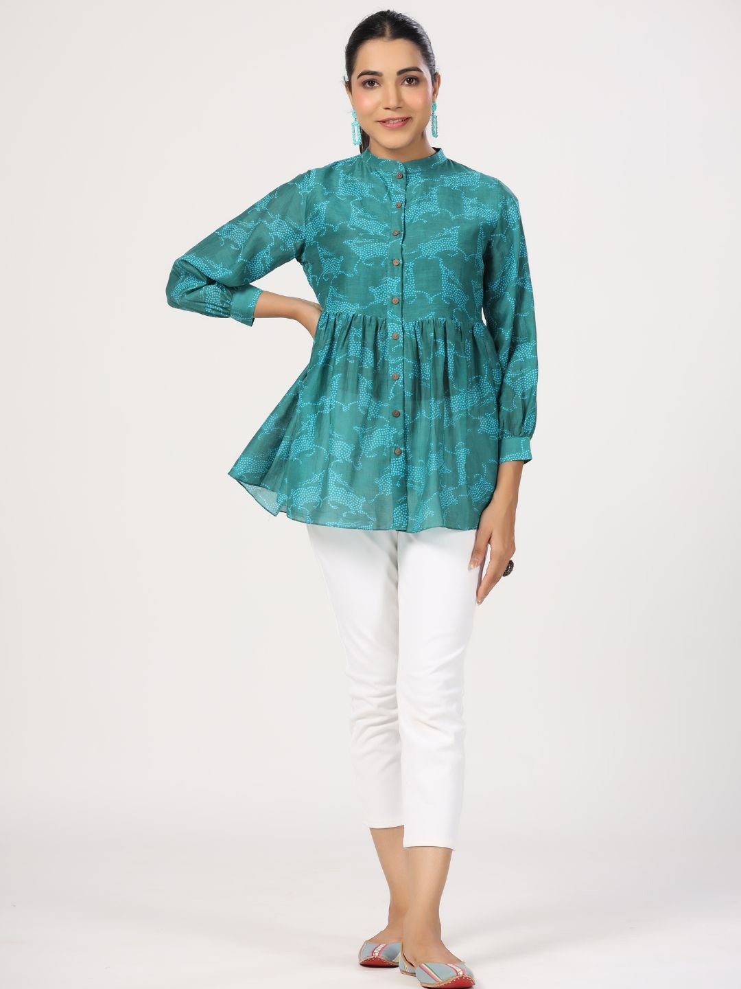 

JAIPURRANG Animal Print Mandarin Collar Cotton Peplum Top, Teal