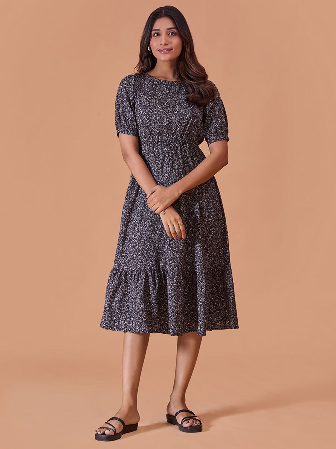 

Fashfun Floral Print Puff Sleeve Fit & Flare Midi Dress, Black