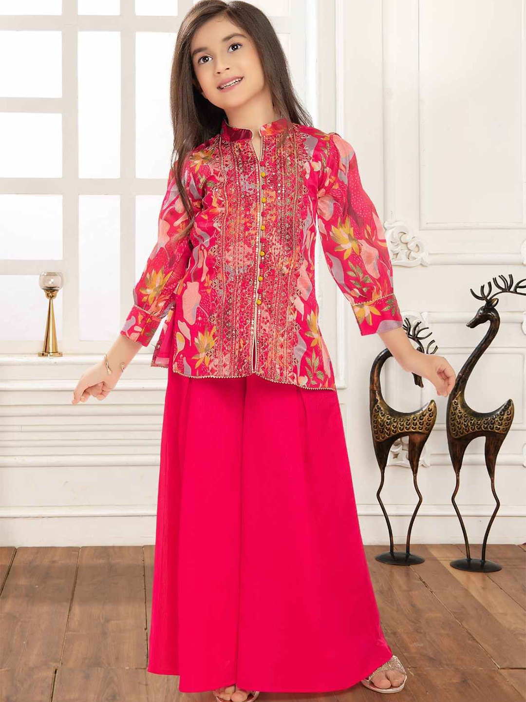 

Lagorii Girls Printed With Sequin Worked Tunic with Palazzos, Pink
