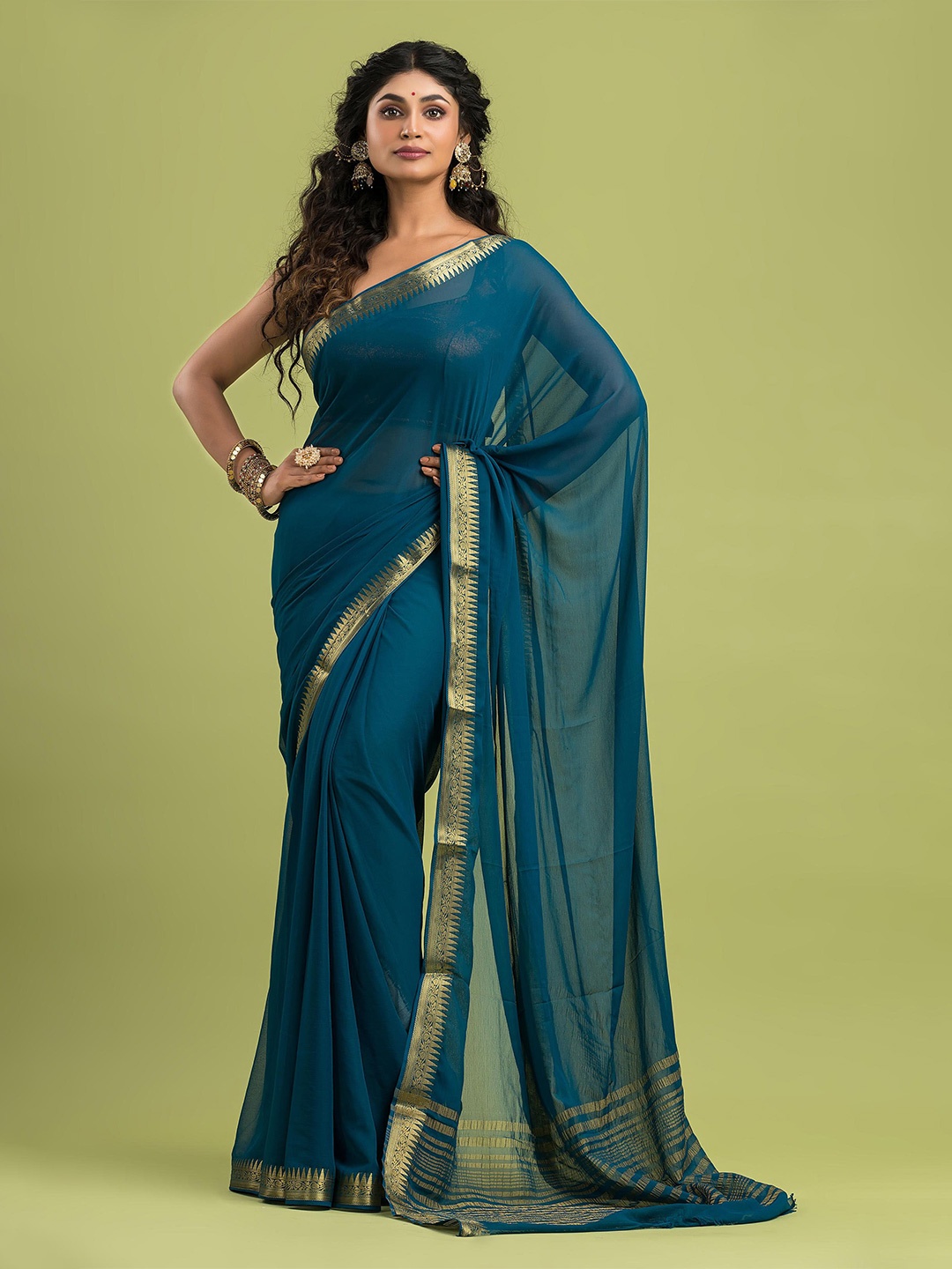 

Dheu Zari Pure Chiffon Saree, Blue