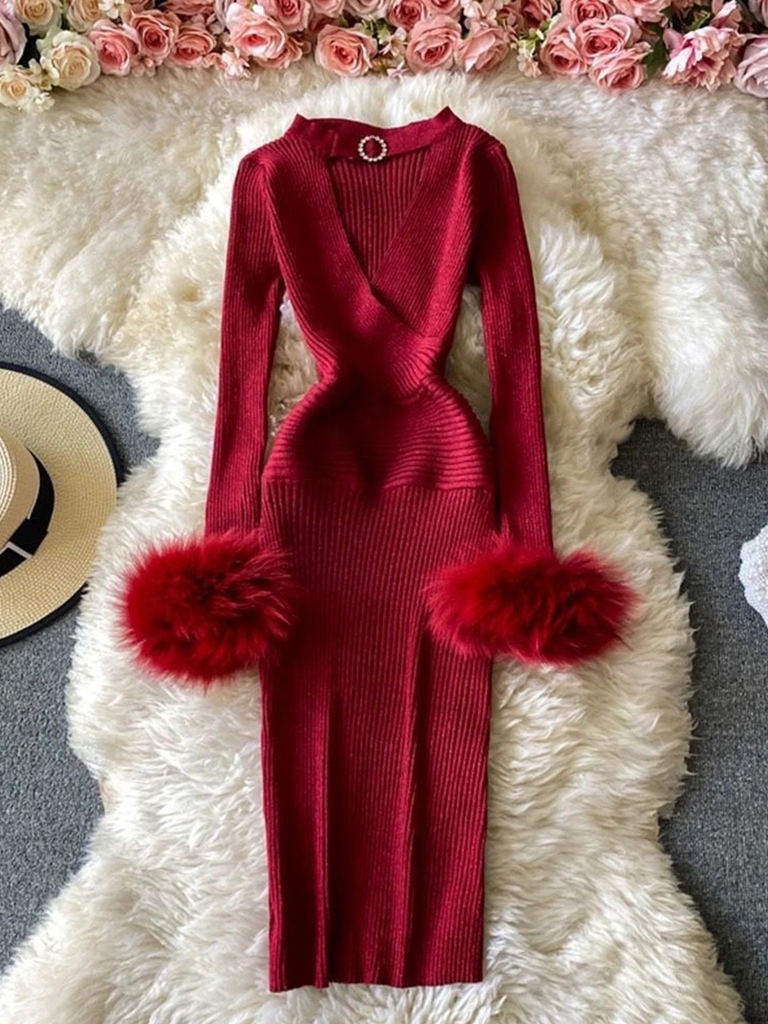 

MADE FOR HER LABEL Women Striped Cut-Outs Bodycon Dress, Red