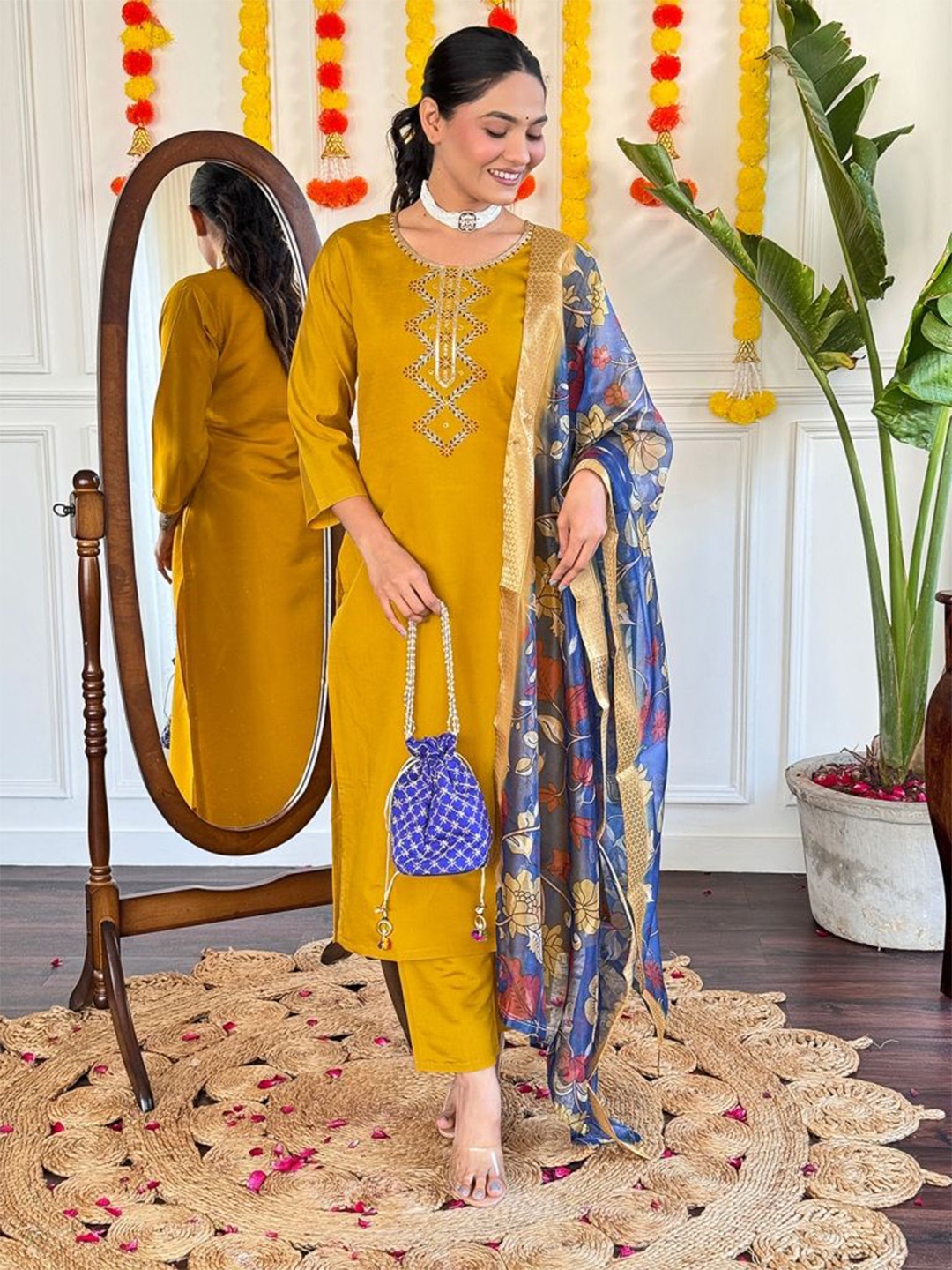 

SHREE KHODAL FASHION Women Embroidered Kurta & Trousers With Dupatta, Mustard