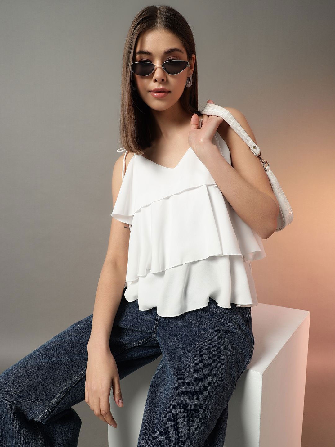 

BAESD Shoulder Straps Tie-Up Tiered Top, White