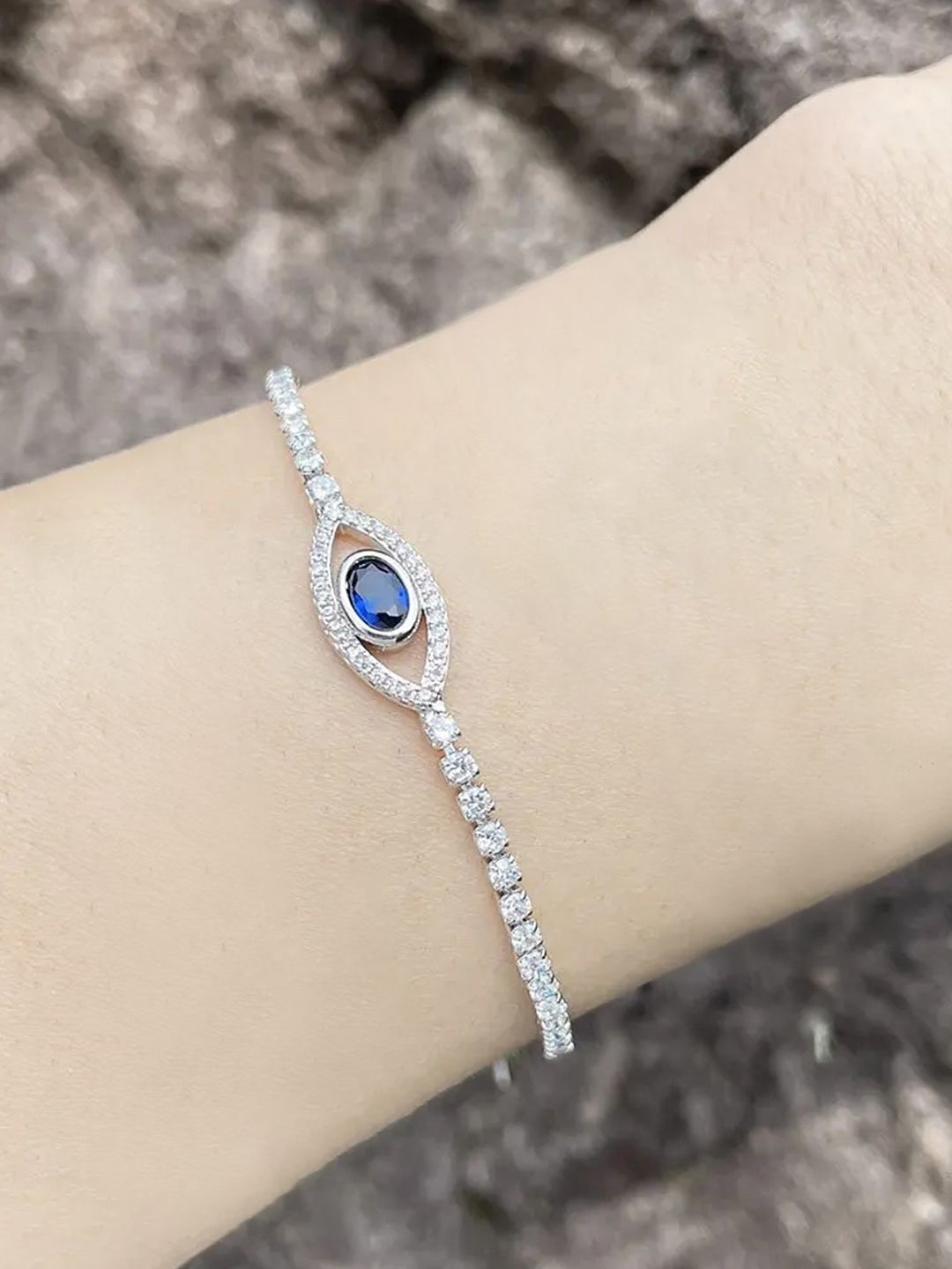 

Peora Silver-Plated Cubic Zirconia Studded Evil Eye Adjustable Wraparound Bracelet