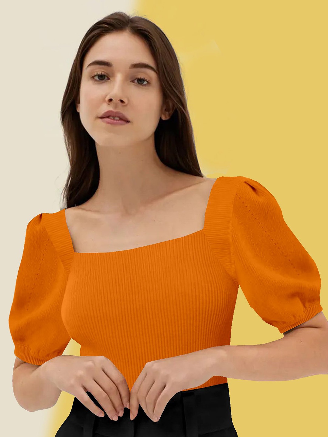 

BerryBird Women Ribbed Puff Sleeve Top, Orange