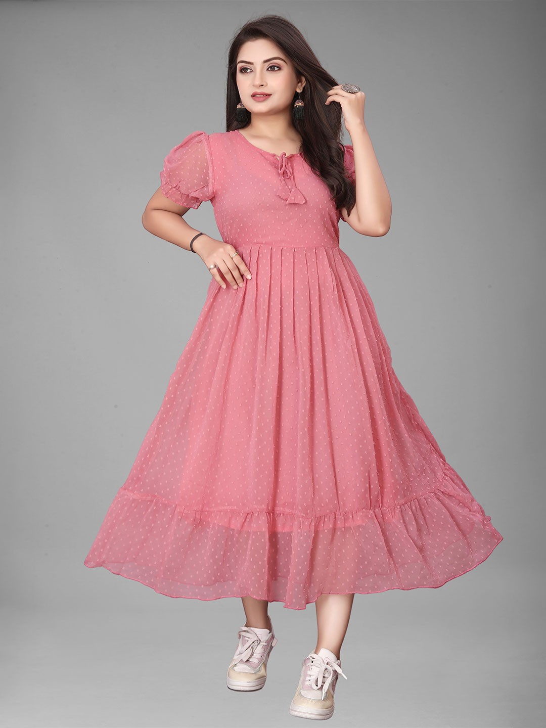 

QENA Women Tie-Up Neck Puff Sleeve Self Design Empire Midi Dress, Pink