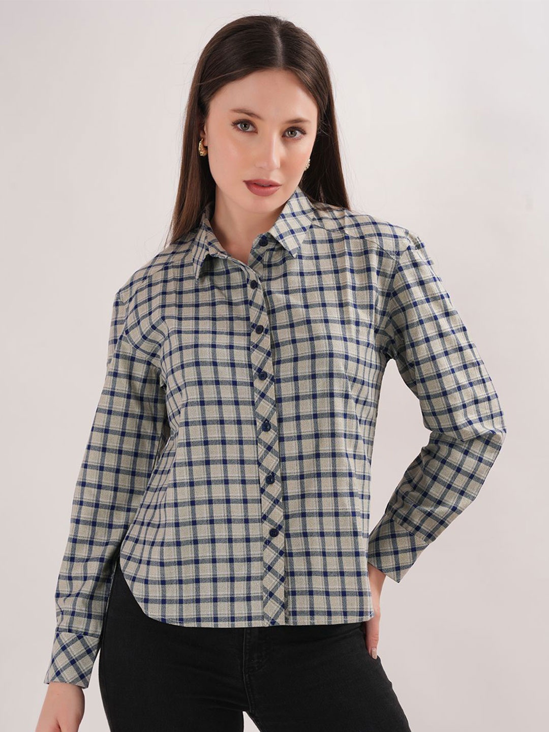 

BERIAMO Women Comfort Fit Spread Collar Checked Cotton Casual Shirt, Blue