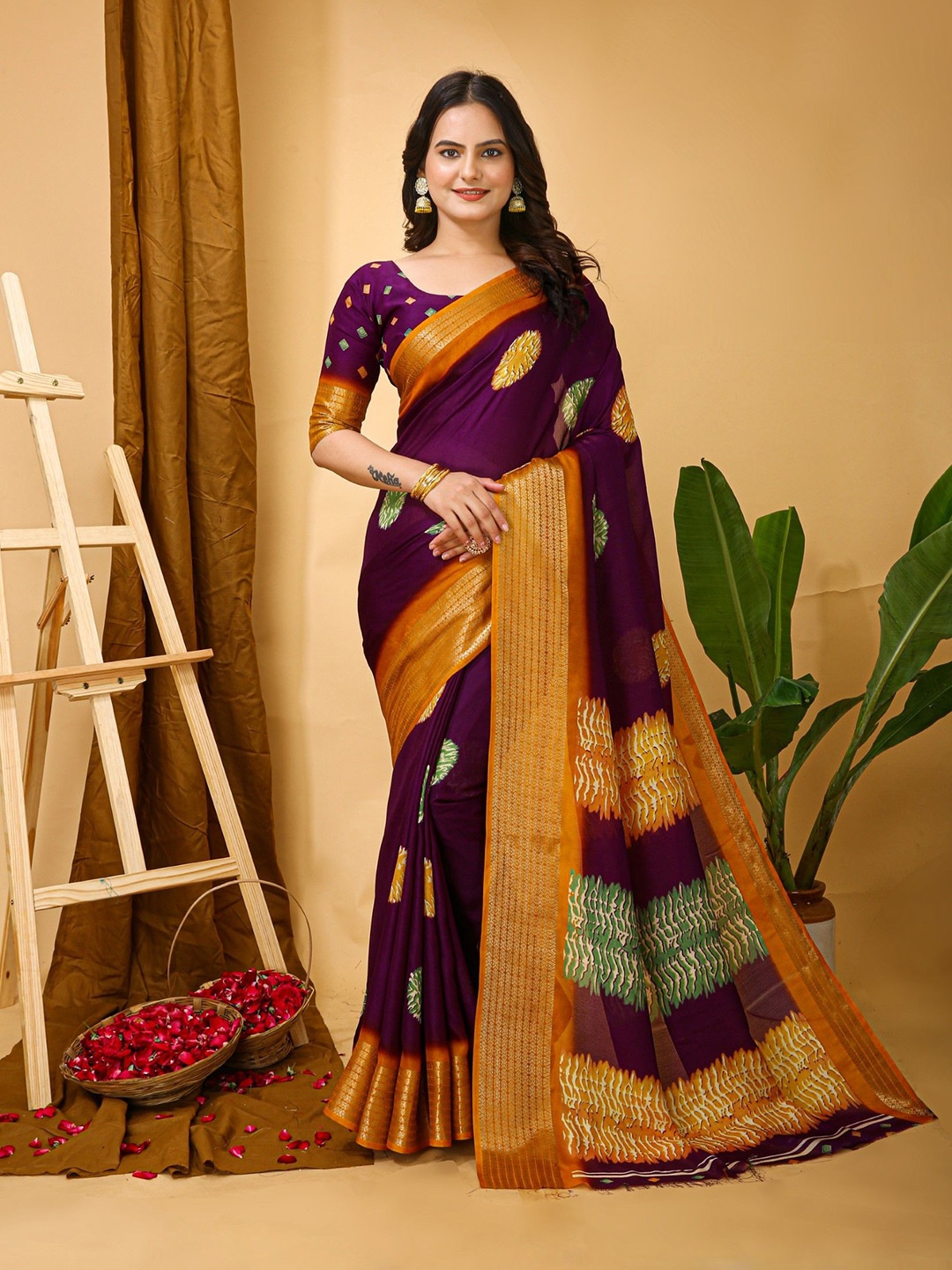 

LeeliPeeri Designer Floral Printed Zari Silk Cotton Saree, Purple