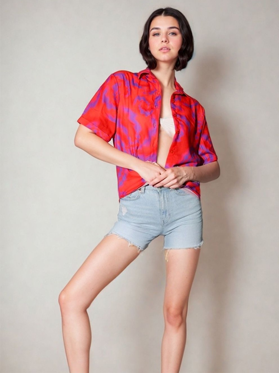 

DressBerry Women Spread Collar Abstract Printed Cotton Casual Shirt, Red