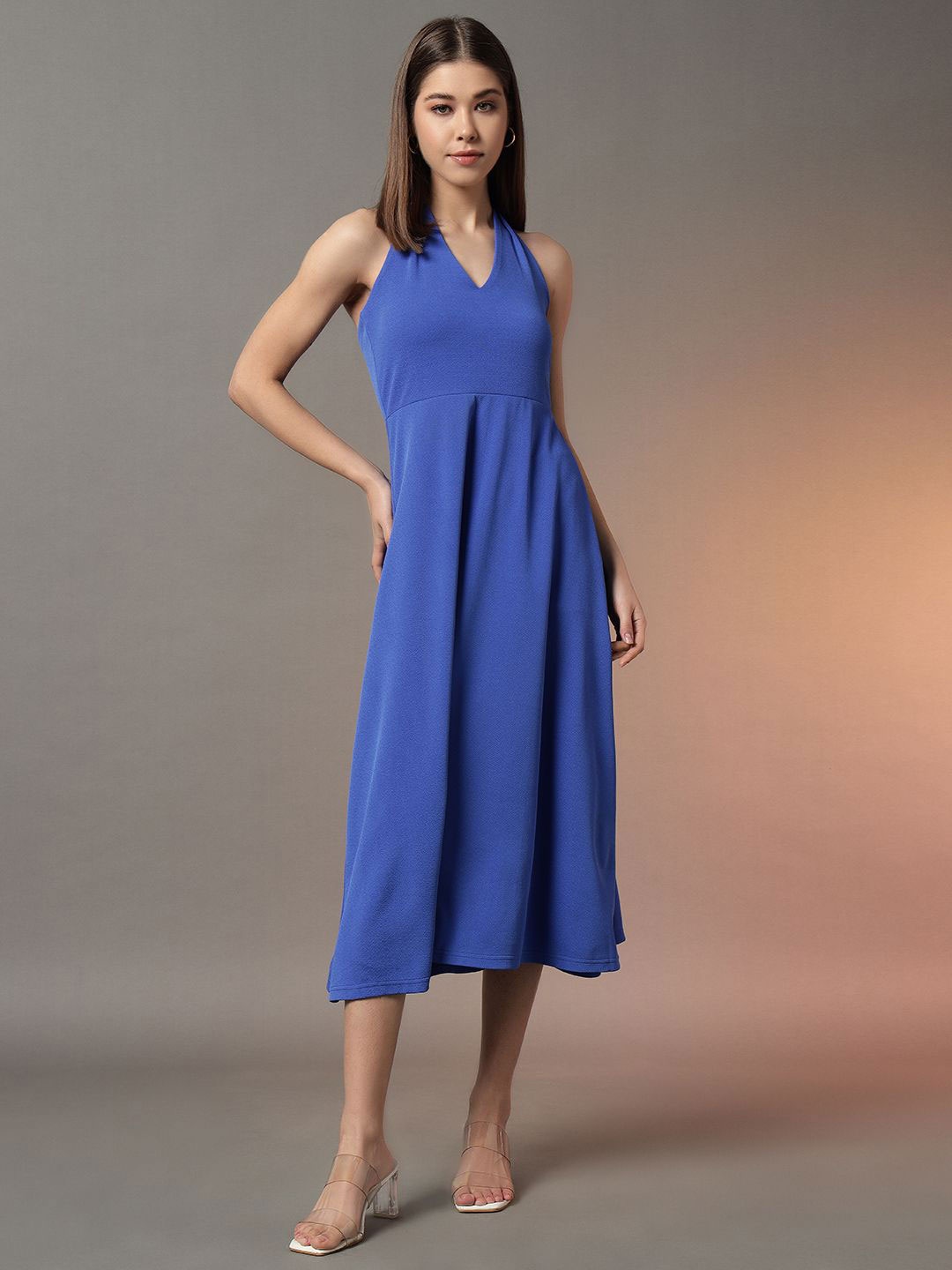 

BAESD Women Halter Neck Fit & Flare Midi Dress, Blue