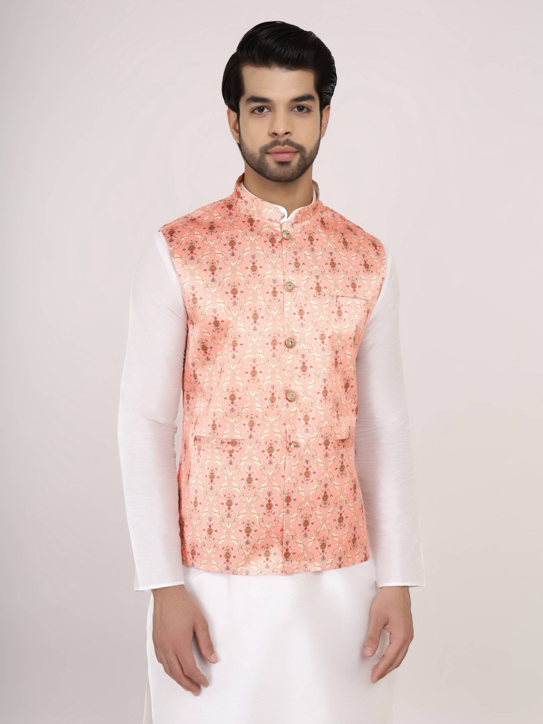 

Sadree Men Floral Printed Nehru Jacket, Peach