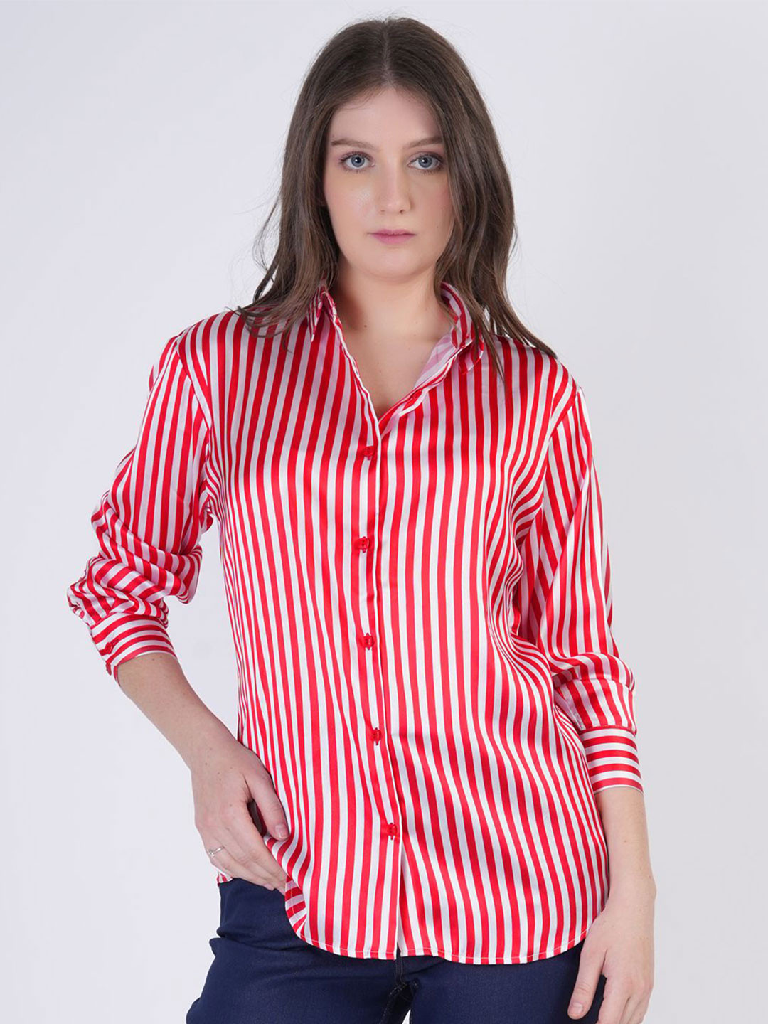 

BERIAMO Women Comfort Fit Spread Collar Vertical Striped Satin Casual Shirt, Red