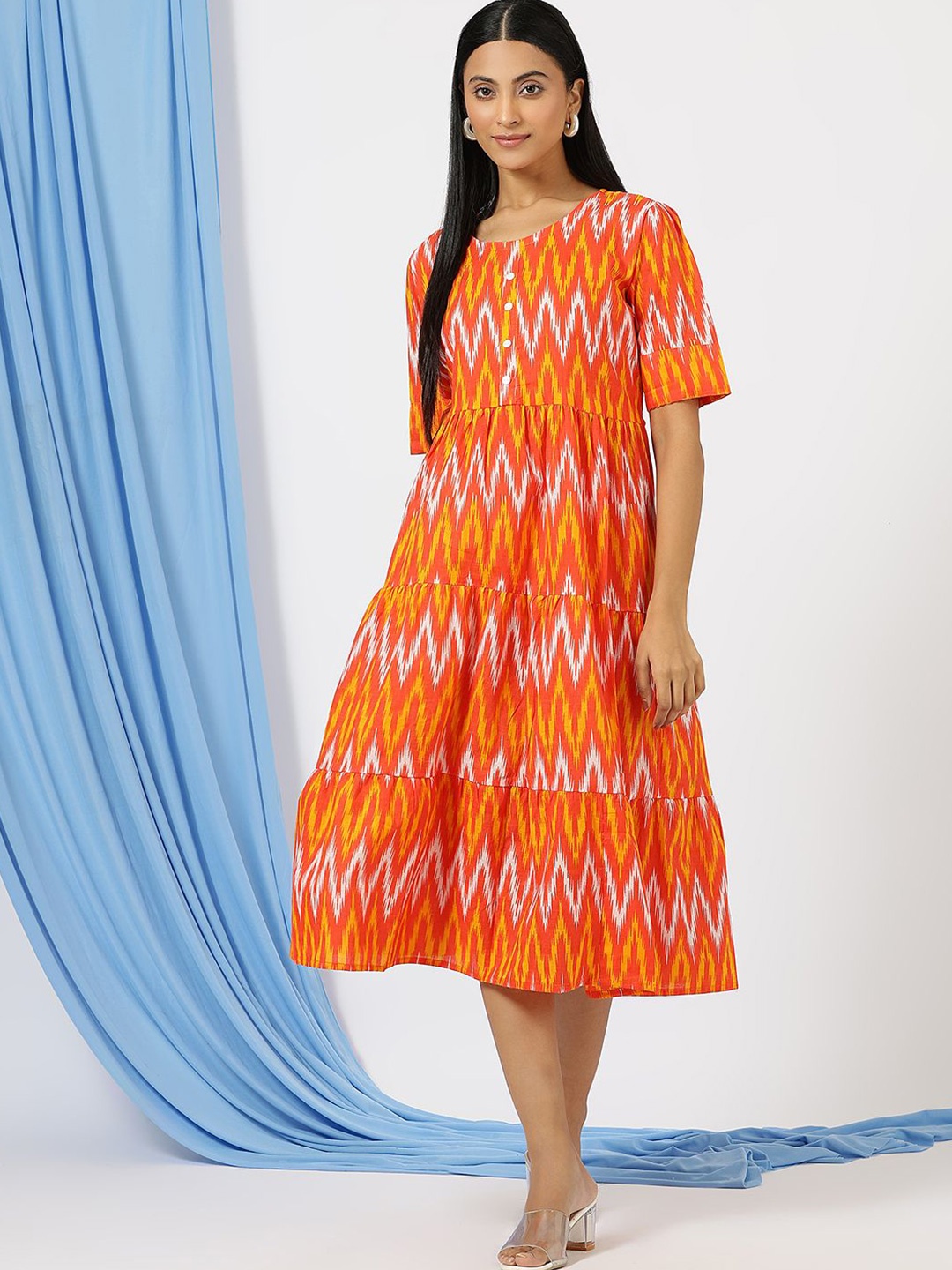 

KALINI Printed A-Line Ethnic Dress, Orange