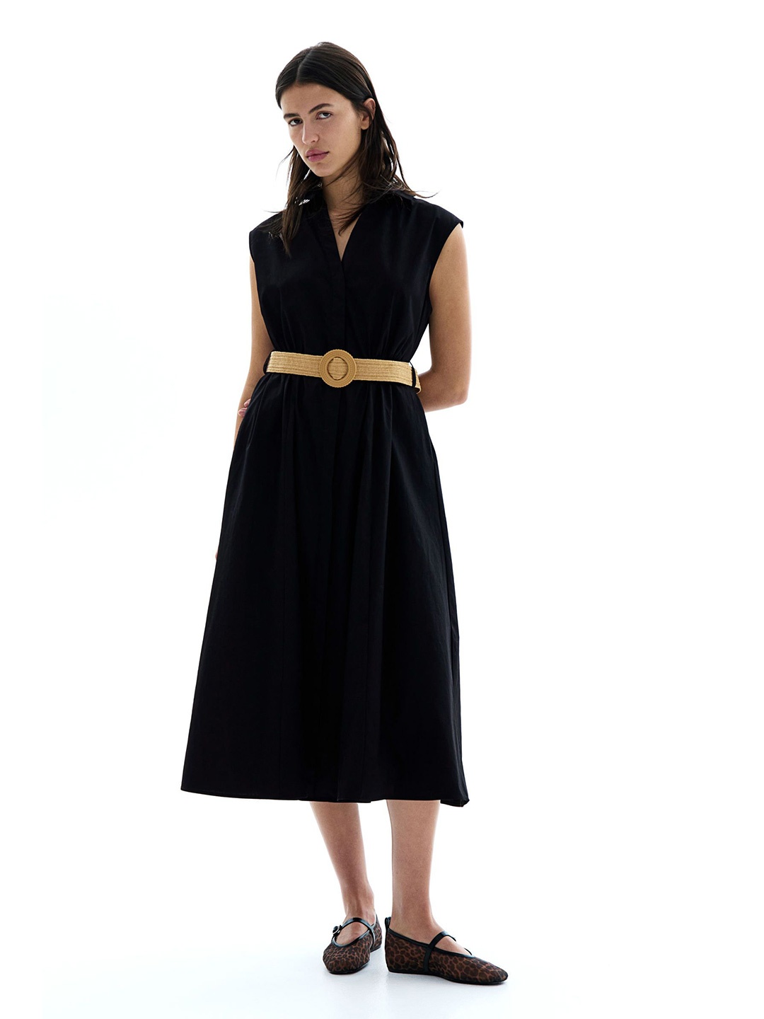 

H&M Belted Cotton Shirt Dress, Black