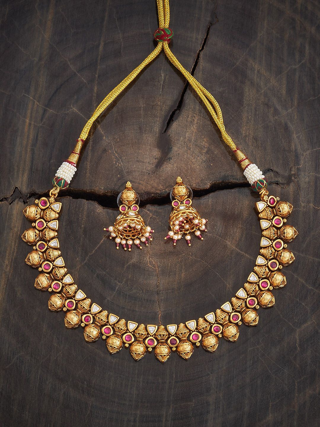 

Kushal's Fashion Jewellery Gold-Plated Stone Studded Antique Necklace and Earrings