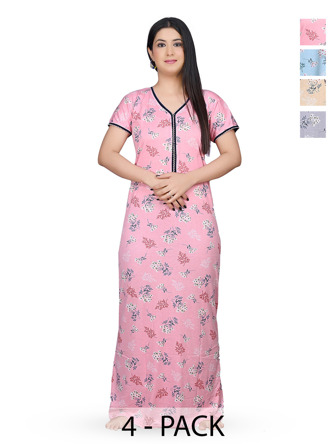 

G4Girl Women Pack of 4 Printed Maxi Nightdress, Pink