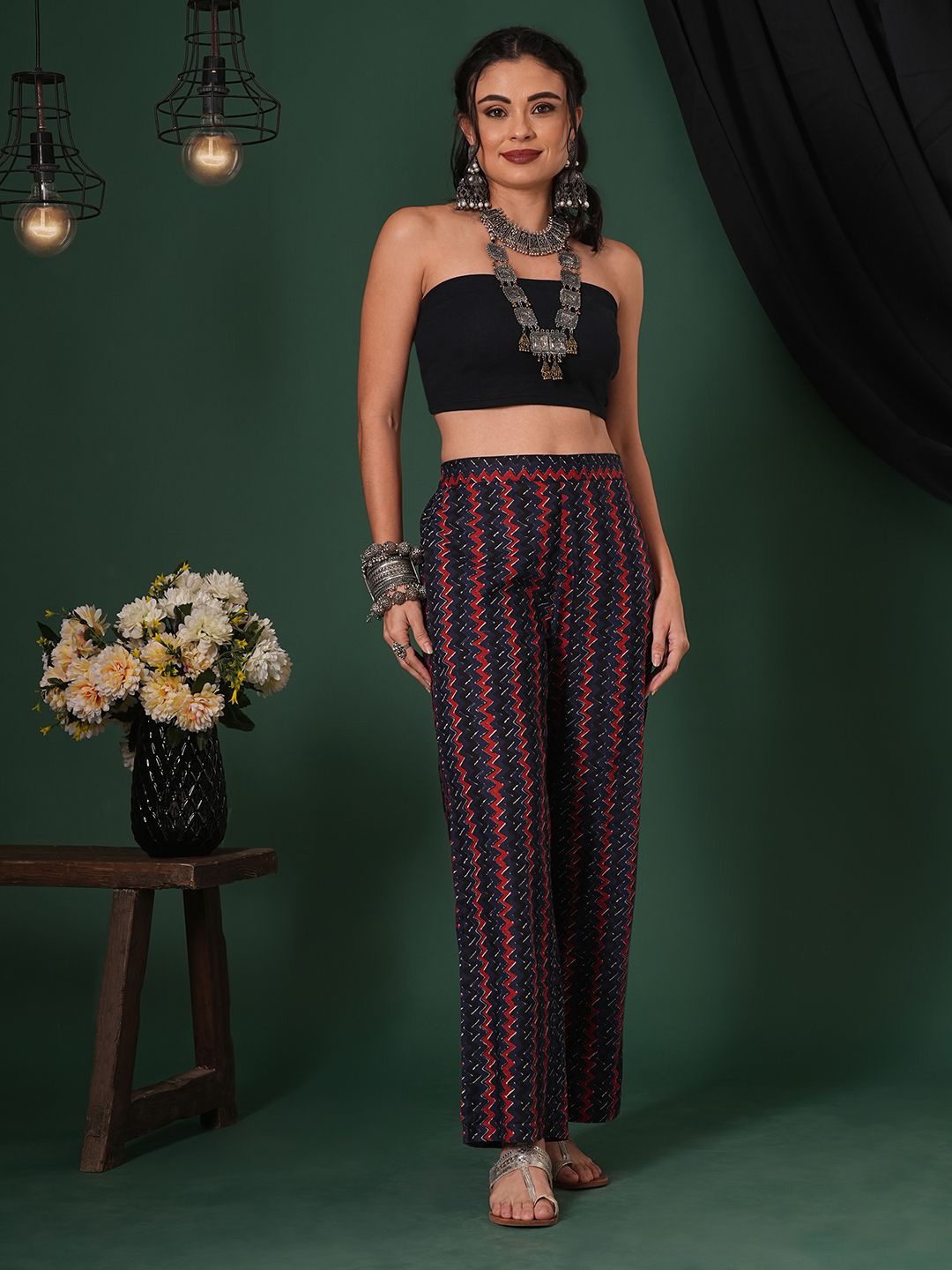 

Globus Cotton Chevron Print Mid-Rise Ethnic Parallel Trousers, Blue