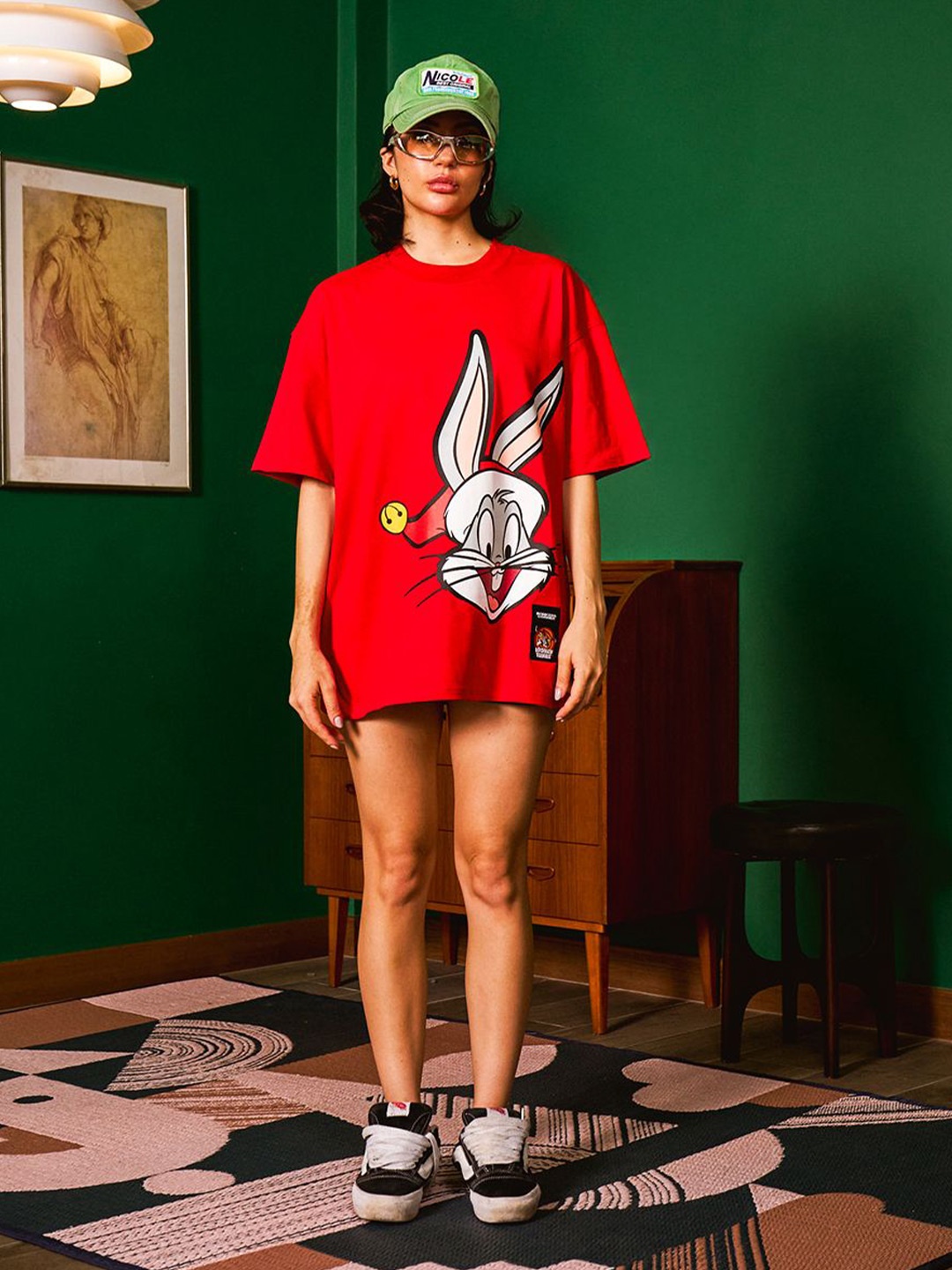 

Bonkers Corner Women Bugs Bunny Graphic Printed Round Neck Cotton Oversized T-shirt, Red