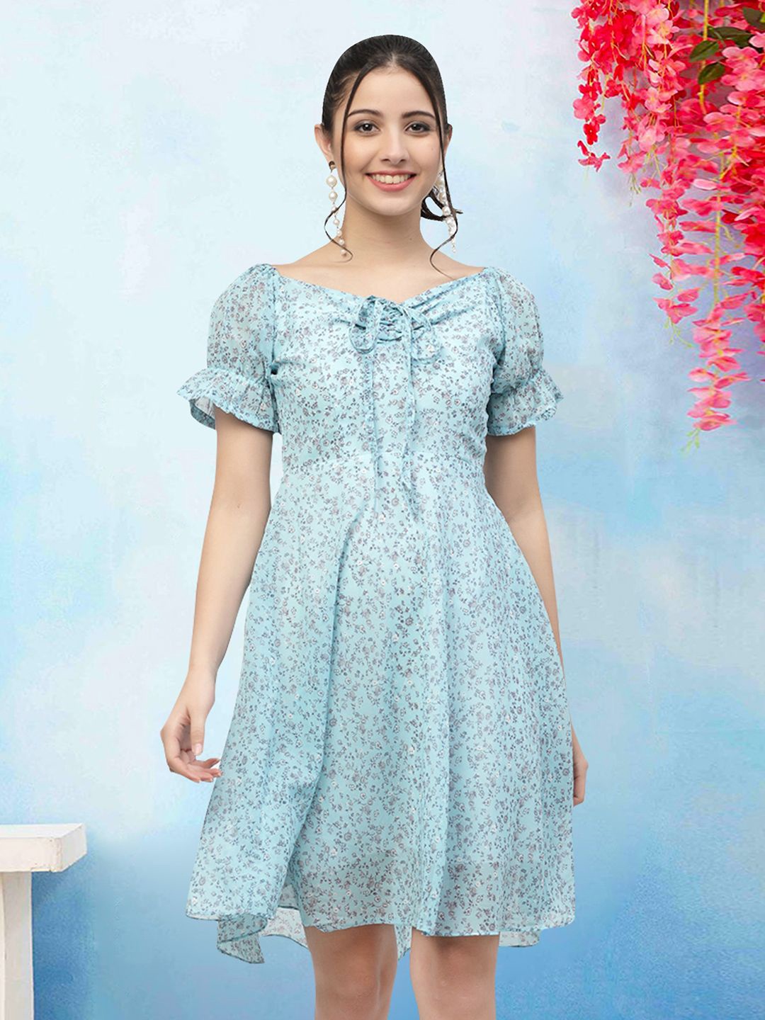 

MISS AYSE Floral Print Tie-Up Neck Applique Fit & Flare Dress, Blue