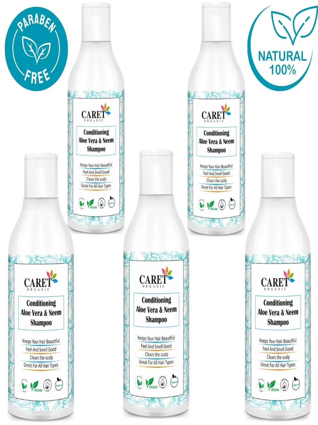 

CARET ORGANIC Set Of 5 Aloevera & Neem Anti Hair Fall Conditioning Shampoo - 300 ml Each, White
