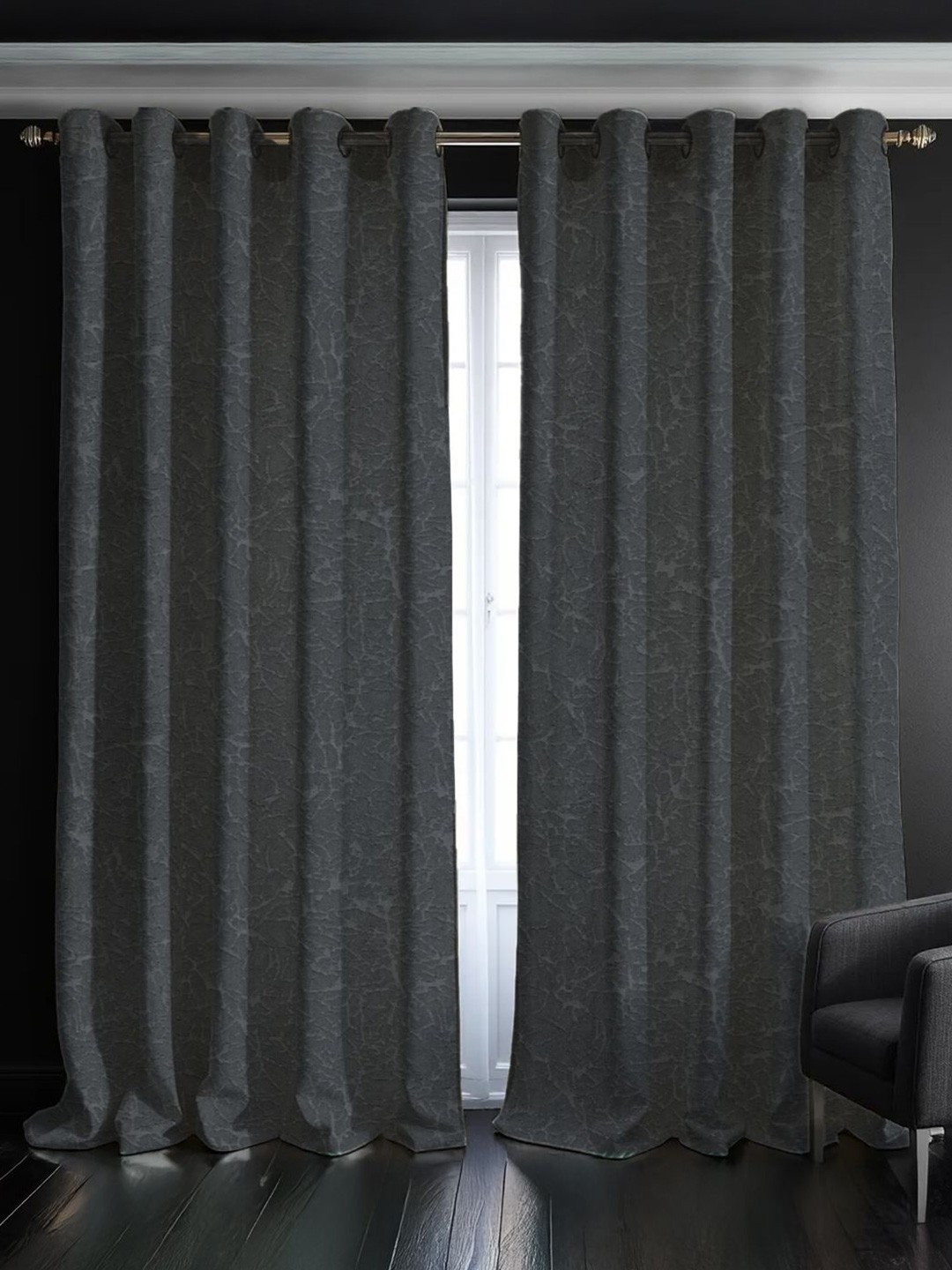 

URBAN SPACE Grey Pack of 2 Self Design Earth Crust Black Out Long Door Curtains