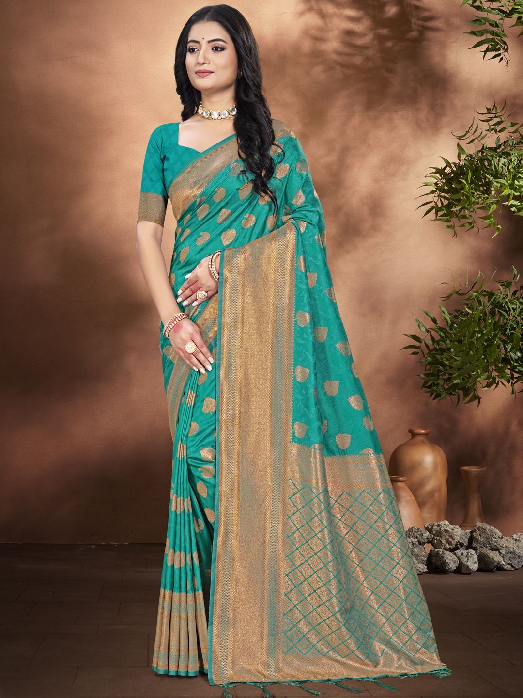 

SANGAM PRINTS Woven Design Ethnic Motifs Zari Tussar Saree, Turquoise blue