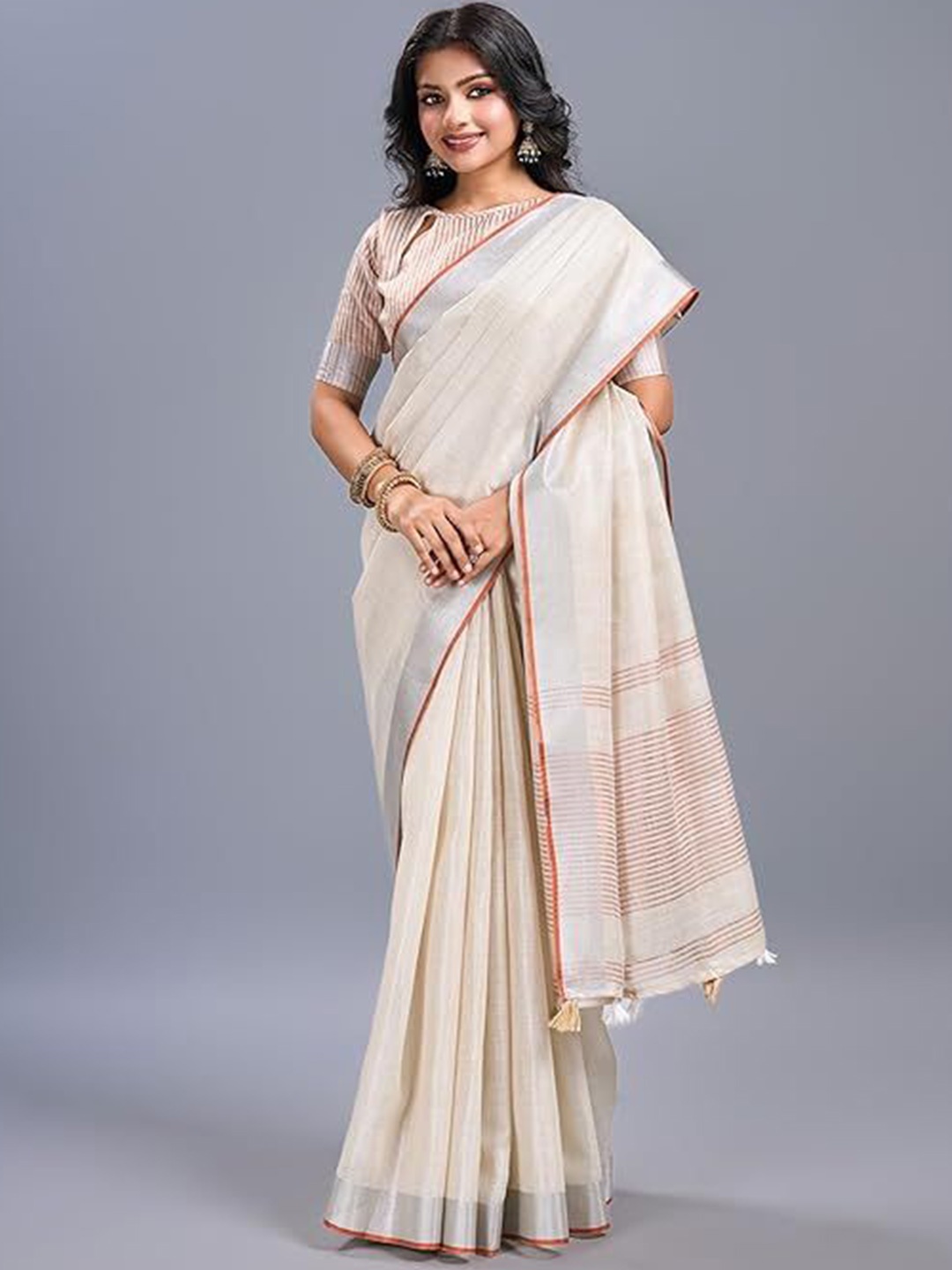 

NEGRONI Striped Border Zari Saree, Off white