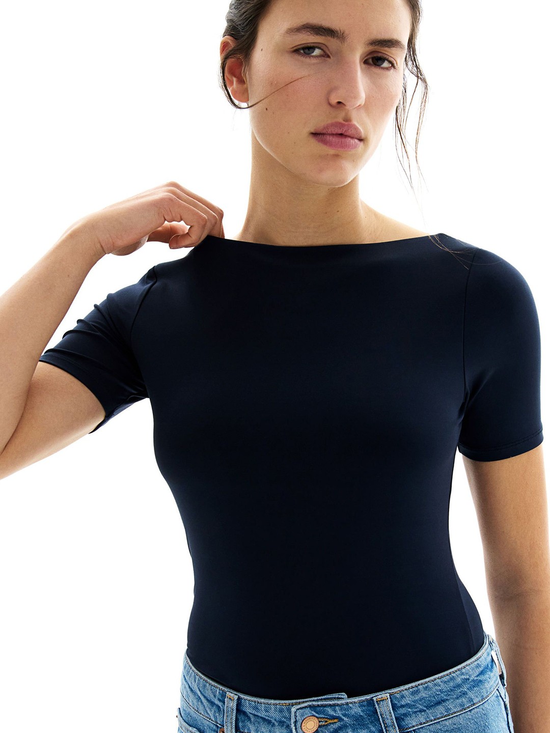 

H&M Boat-Neck Microfibre Top, Navy blue