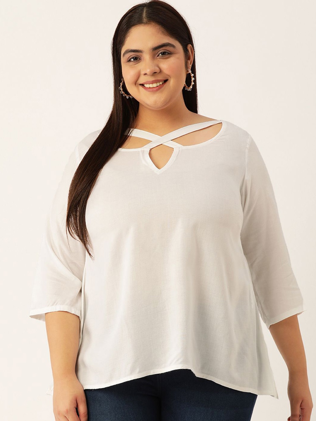 

theRebelinme Women Plus Size V-Neck Top, White