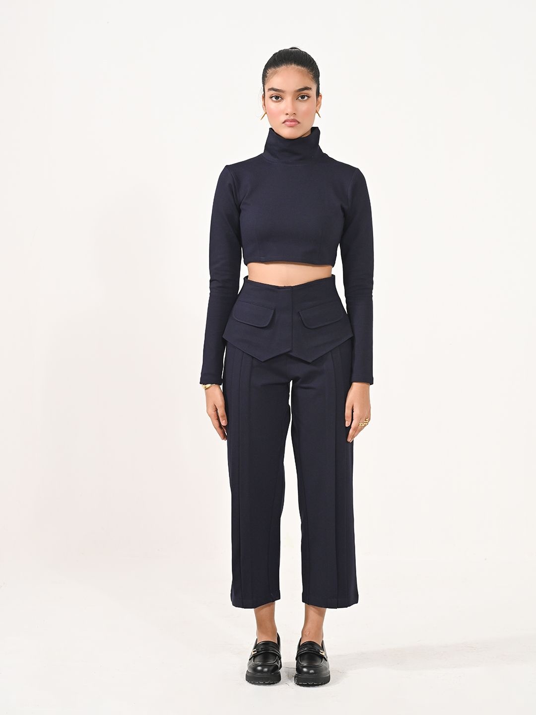 

Aamili High Neck Crop Top & Trousers, Navy blue