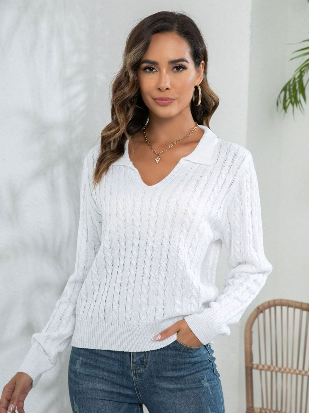 

Oh Rare Women Cable Knit Self Design Pullover, White