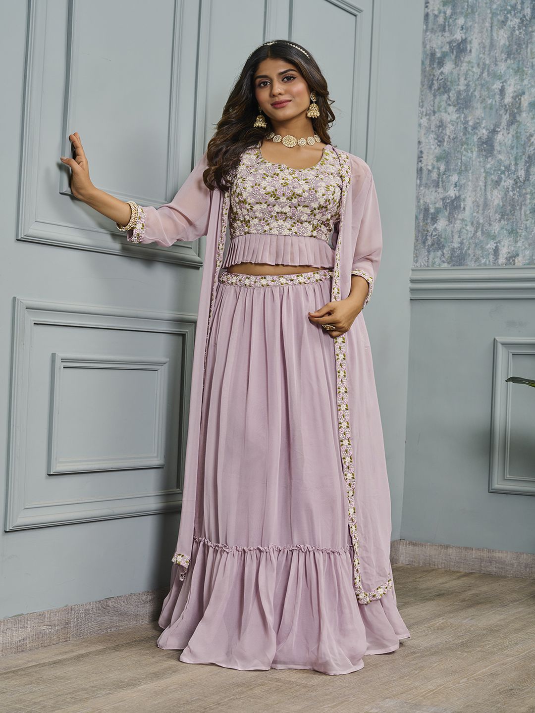 

Krimmple Embroidered Thread Work Ready to Wear Lehenga &, Pink